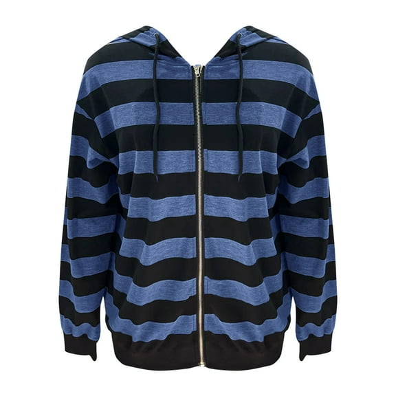 YEJIMAN Zip Up Hoodie Women's Autumn And Winter Oversized Loose Striped Casual Zipper Drawstring Sweater Jacket Hoodies For Women Blue
