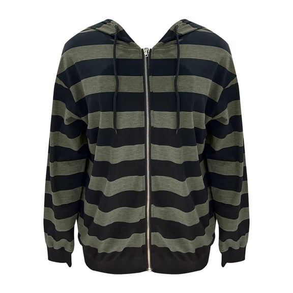 YEJIMAN Zip Up Hoodie Women's Autumn And Winter Oversized Loose Striped Casual Zipper Drawstring Sweater Jacket Hoodies For Women Green