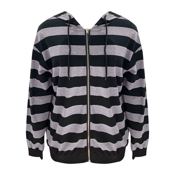 YEJIMAN Zip Up Hoodie Women's Autumn And Winter Oversized Loose Striped Casual Zipper Drawstring Sweater Jacket Hoodies For Women Grey