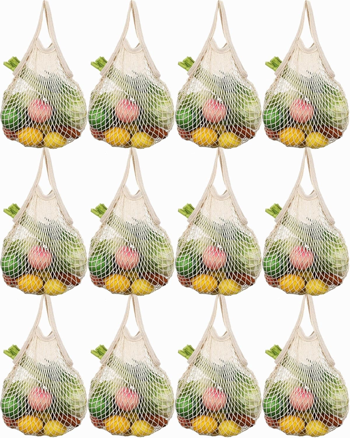 YEKEYI 12 Pcs Reusable Mesh Grocery Bag Portable Cotton Produce Container Washable Net Mesh Reusable Tote Bag with Handle