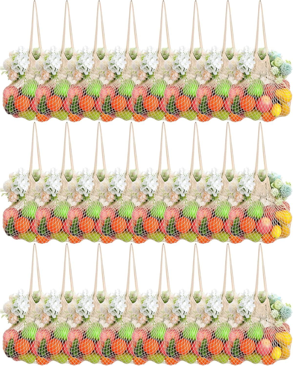 YEKEYI 24 Pcs Reusable Cotton Mesh Produce Shopping Bags Washable Grocery Net Portable Fruit and Vegetable Cotton String Bags Long Handle Net Tote Organizer(Short Handle)