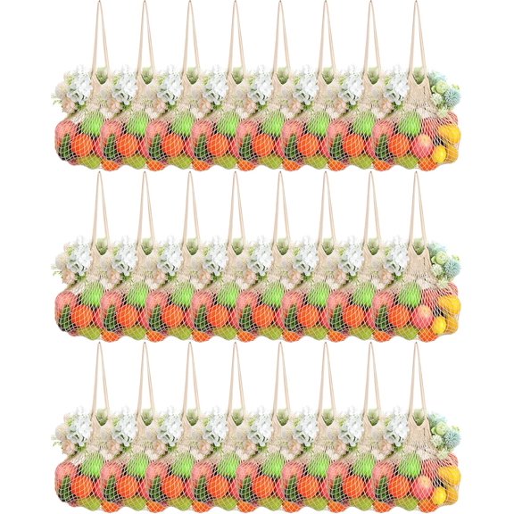 YEKEYI 24 Pcs Reusable Cotton Mesh Produce Shopping Bags Washable Grocery Net Portable Fruit and Vegetable Cotton String Bags Long Handle Net Tote Organizer(Short Handle)