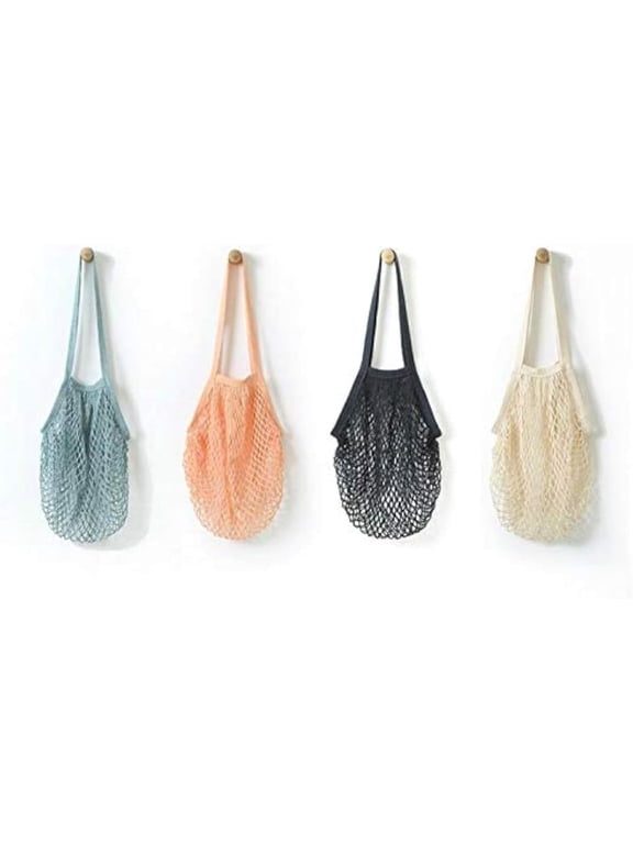 4 Pack Portable Reusable Grocery Bags Fruit and Vegetable Bag Washable Cotton Mesh String Organic Organizer Shopping Handbag Long Handle Net Tote (blue,Black,Beige,Orange)