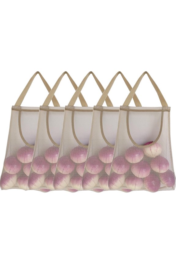 5 Pack Hanging Mesh Storage Bags for Potatoes, Onions, Garlic - Long and Large Reusable Net Produce Bags for Kitchen and Grocery (Top Opening Beige)