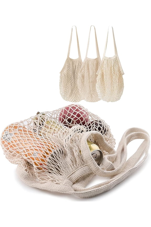 5 pack Cotton String Shopping Bags Reusable Washable Grocery Mesh Bags Organizer for Grocery Shopping Produce Net Bags with Longhandle for Fruit Vegetable Storage