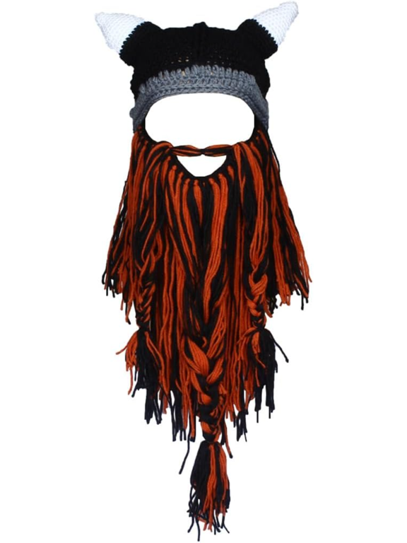 Barbarian Knit Beard Hat Funny Knit Cap Wig Beanie Hats Beard Facemask Viking Horns Bearded Caps