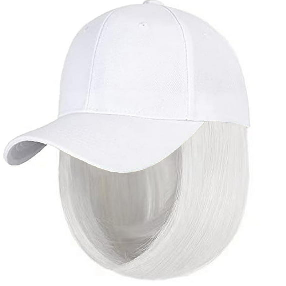 YEKEYI Baseball Cap with Hair Extensions Hat Wig Adjustable Hat Attached Short Straight Synthetic Hairpiece for Women