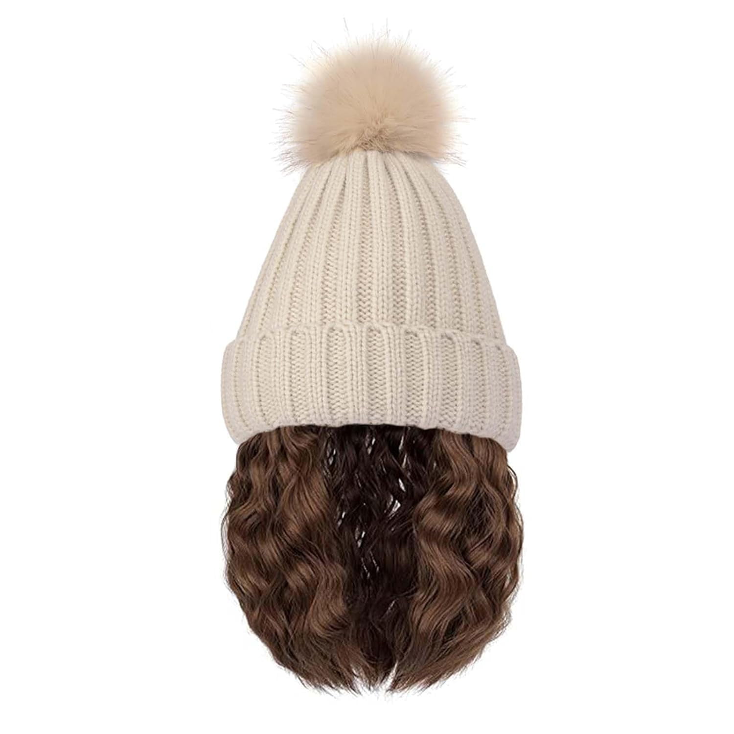 YEKEYI Beanie Wig Hair Extensions Warm Knitted Beanie Hat with Hair Wavy Hair Extension Synthetic Hairpiece for Women
