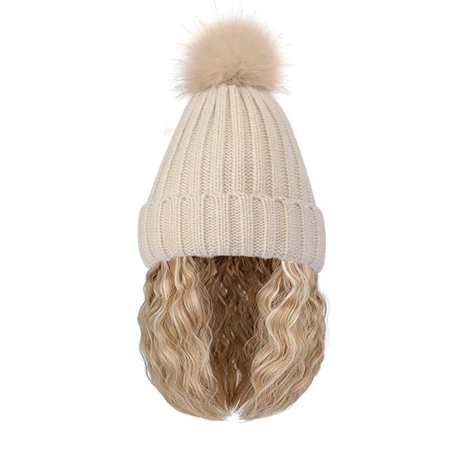 YEKEYI Beanie Wig Hair Extensions Warm Knitted Beanie Hat with Hair Wavy Hair Extension Synthetic Hairpiece for Women
