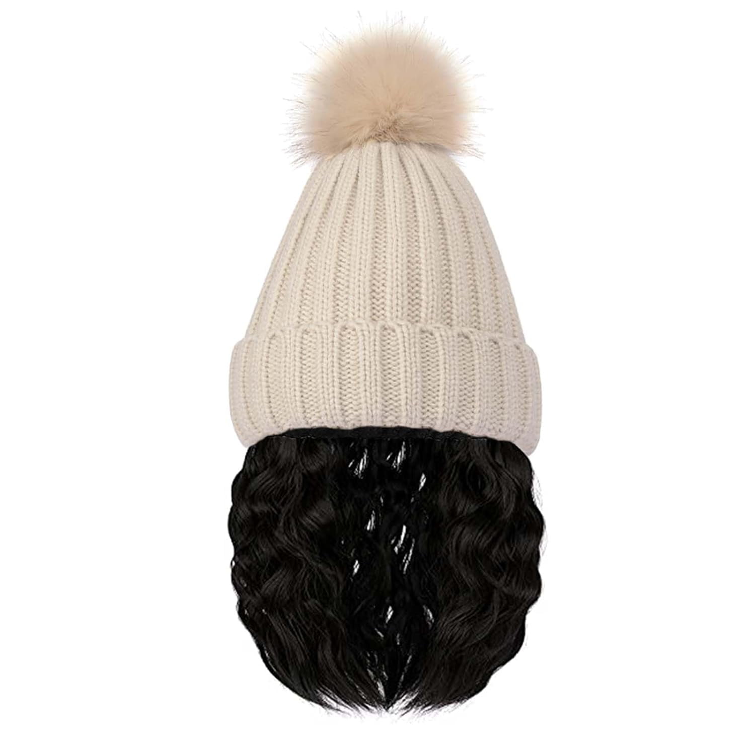 YEKEYI Beanie Wig Hair Extensions Warm Knitted Beanie Hat with Hair Wavy Hair Extension Synthetic Hairpiece for Women