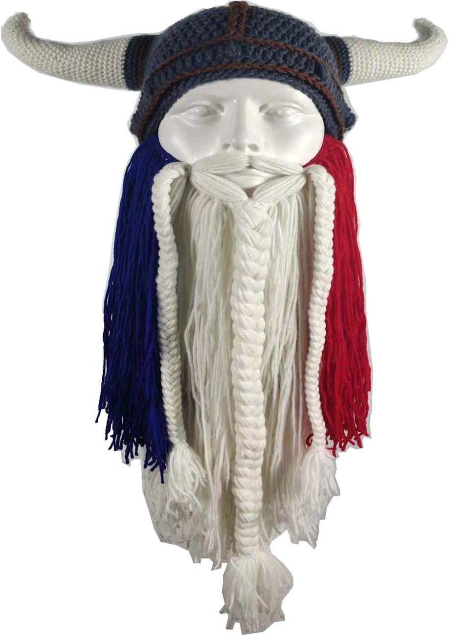 YEKEYI Big Horn Viking Hat Beanie Beard Viking Knit Hat Barbarian Funny Ski Cap Funny halloween hat christmas hat