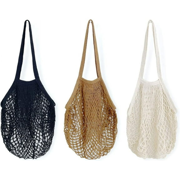 YEKEYI Cotton Mesh Net Foldable Reusable Grocery Bag for Farmers Market, Vegetables, Produce (Set of 3), Yellow, Blue, Hot Pink