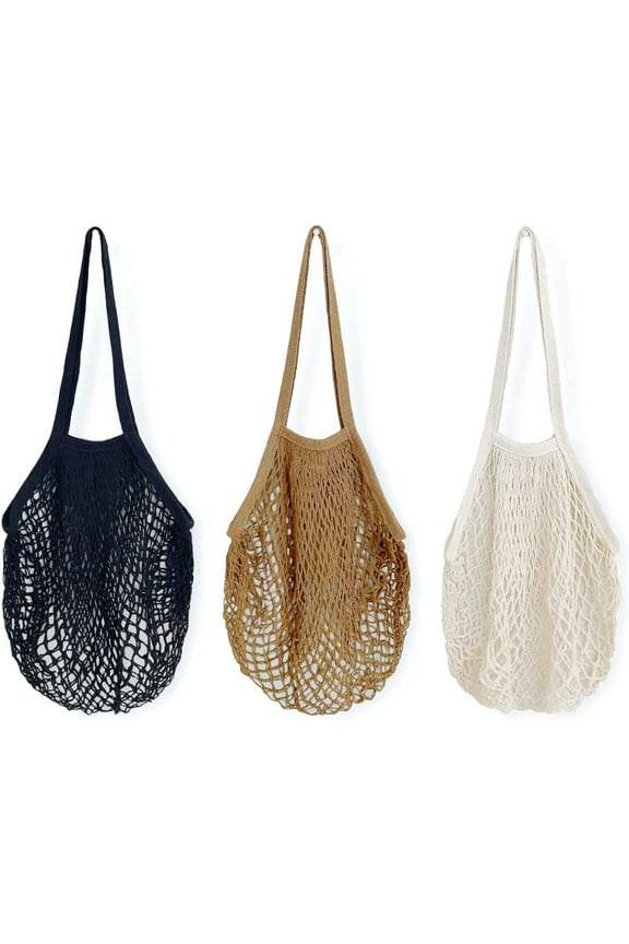 Cotton Mesh Net Foldable Reusable Grocery Bag for Farmers Market, Vegetables, Produce (Set of 3), Yellow, Blue, Hot Pink