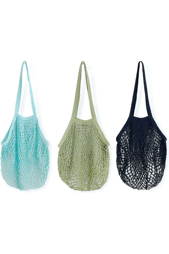 Cotton Mesh Net Foldable Reusable Grocery Bag for Farmers Market, Vegetables, Produce (Set of 3), Yellow, Blue, Hot Pink