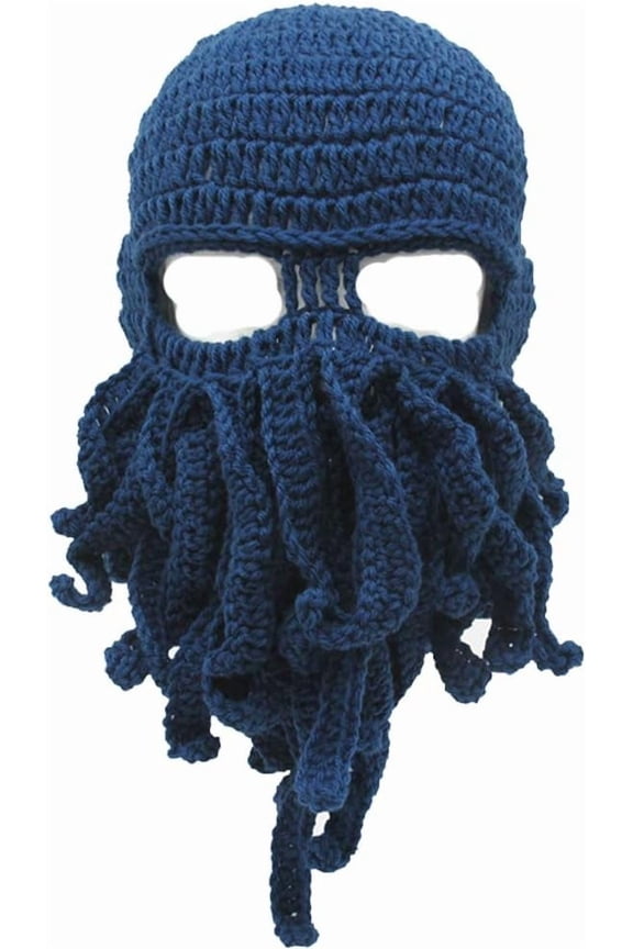 Funny Knight Helmet Beanie with Beard Hat Handmade Knitted Winter Thick Cap Octopus Hat Halloween Cosplay Ski Mask