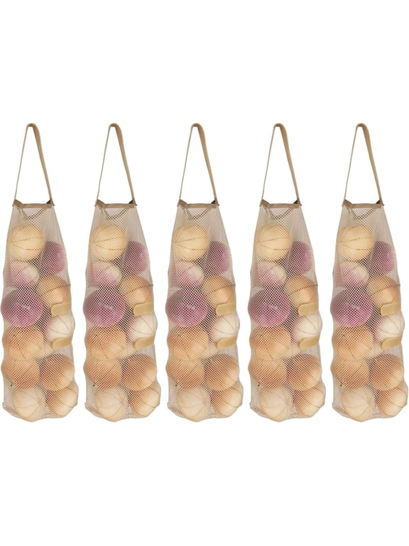 Hanging Mesh Storage 5Pack Potato & Onion Bags - Large Reusable Net Produce Bags (Beige)