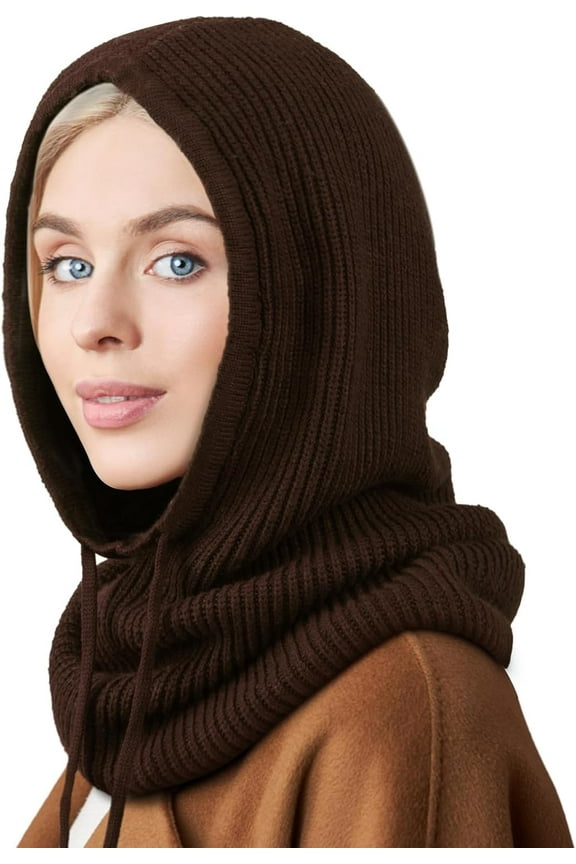 Hooded Scarf Hat Knit Balaclava Women Beanie Skull Cap with Drawstring Warm Winter Hats for Women Men Outdoor Sports