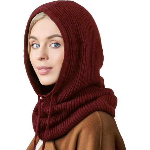 YEKEYI Hooded Scarf Hat Knit Balaclava Women Beanie Skull Cap with Drawstring Warm Winter Hats for Women Men Outdoor Sports
