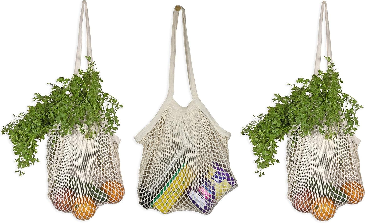 YEKEYI Premium Cotton Mesh Grocery Totes - Reusable French Market Bags - 100% Cotton String Bags for Farmers Market, Produce, Grocery or Beach Trip (3 Pack)
