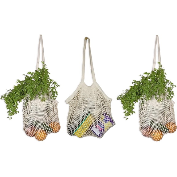YEKEYI Premium Cotton Mesh Grocery Totes - Reusable French Market Bags - 100% Cotton String Bags for Farmers Market, Produce, Grocery or Beach Trip (3 Pack)