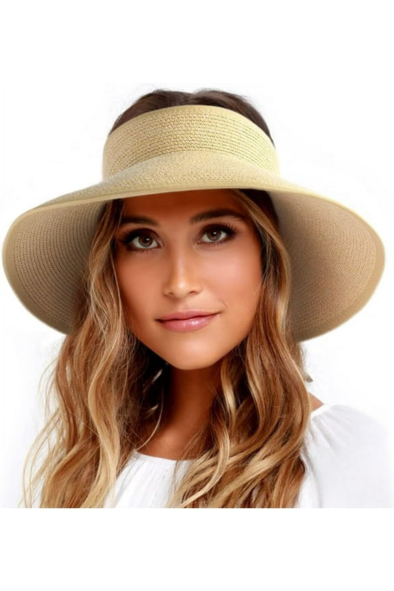 Sun Hats for Women Wide Brim Beach Hat Straw Visor Ponytail Summer UV Packable Foldable Beach Vacation Essentials