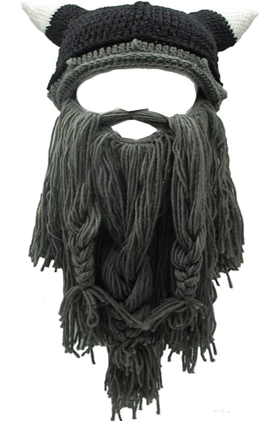 Viking Beard Beanie Horn Hat Winter Warm Mask Knitted Wool Funny Skull Cap