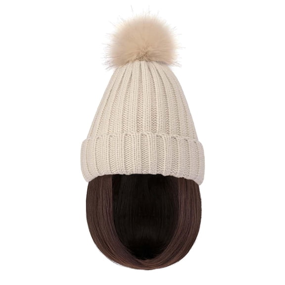 YEKEYI Warm Knitted Beanie Hat with Hair Straight Hair Extension Synthetic Hairpiece Beanie Wig Hair Extensions