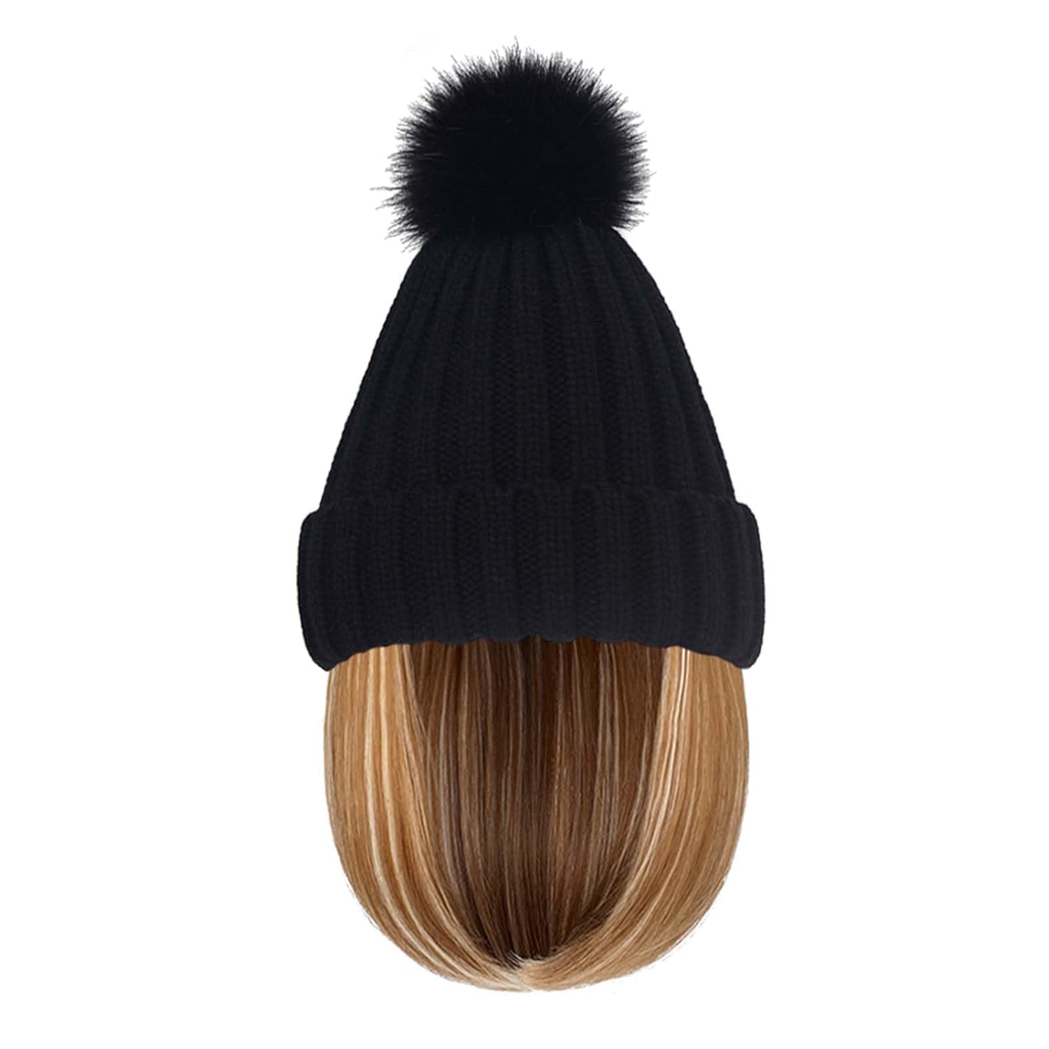 YEKEYI Warm Knitted Beanie Hat with Hair Straight Hair Extension Synthetic Hairpiece Beanie Wig Hair Extensions