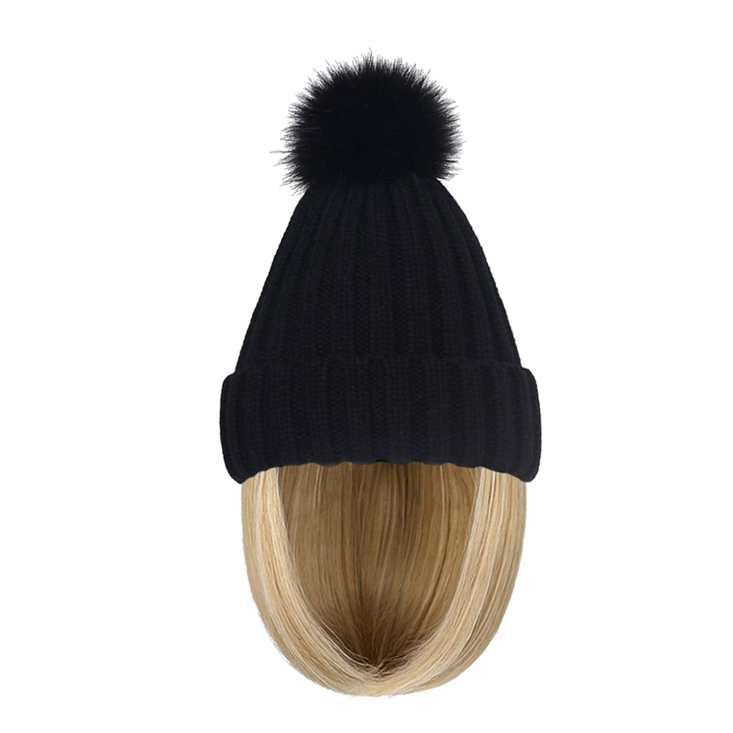 YEKEYI Warm Knitted Beanie Hat with Hair Straight Hair Extension Synthetic Hairpiece Beanie Wig Hair Extensions