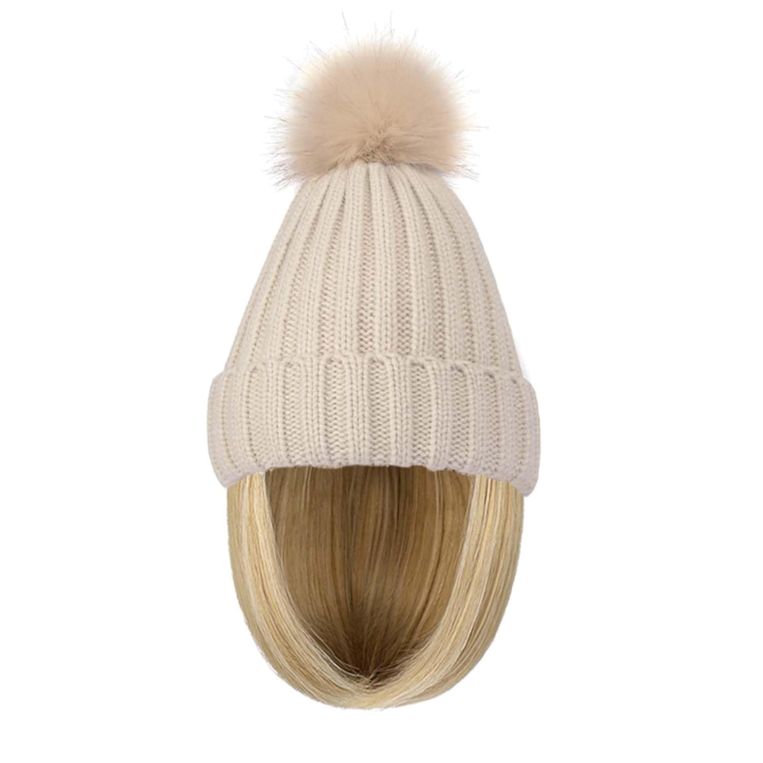 YEKEYI Warm Knitted Beanie Hat with Hair Straight Hair Extension Synthetic Hairpiece Beanie Wig Hair Extensions