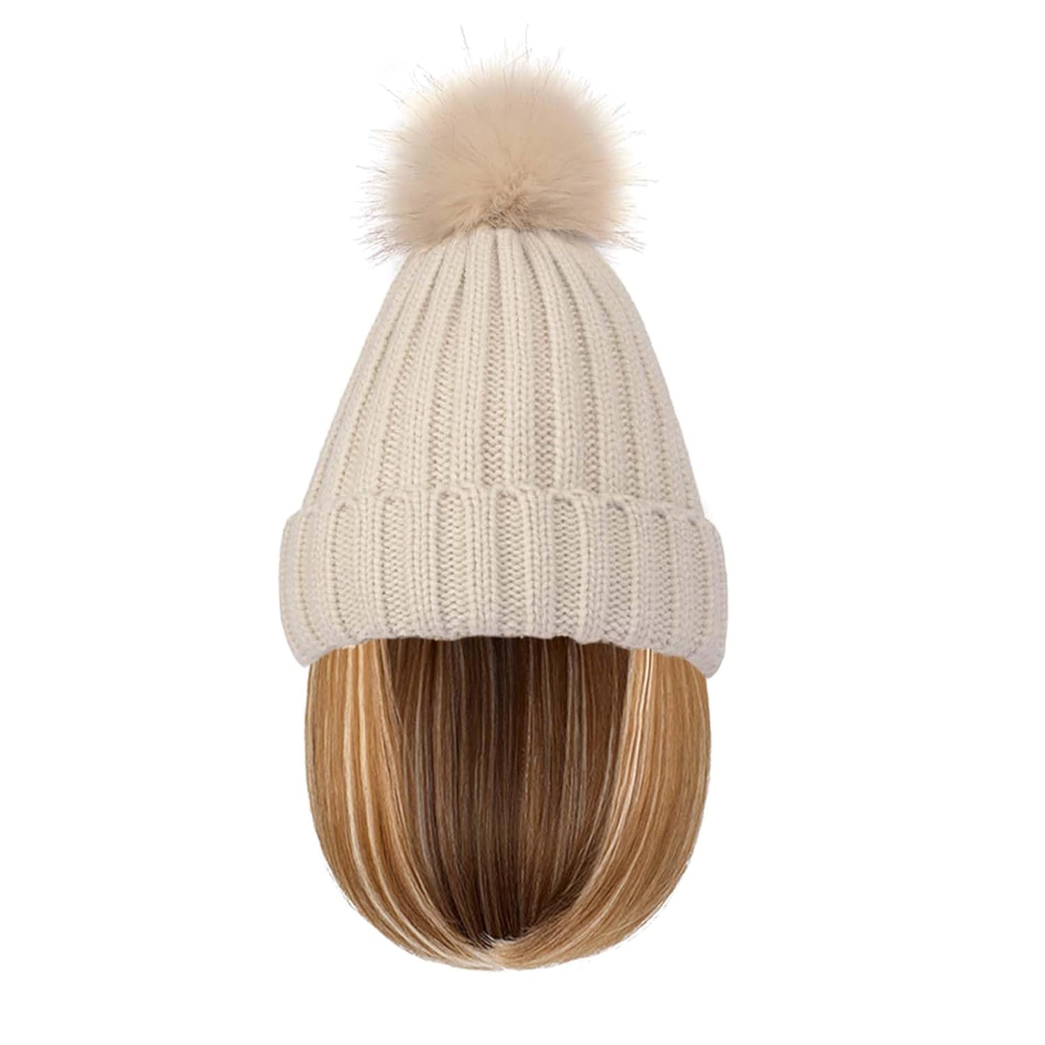 YEKEYI Warm Knitted Beanie Hat with Hair Straight Hair Extension Synthetic Hairpiece Beanie Wig Hair Extensions