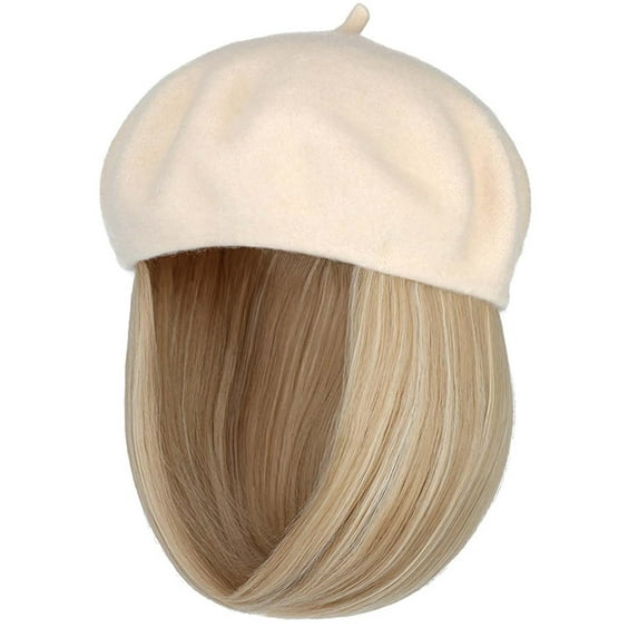 YEKEYI Wig Hat Wool Berets Extensions Stretchable Solid Cap Attached with Hair Straight Bob Synthetic Hairpiece Cap