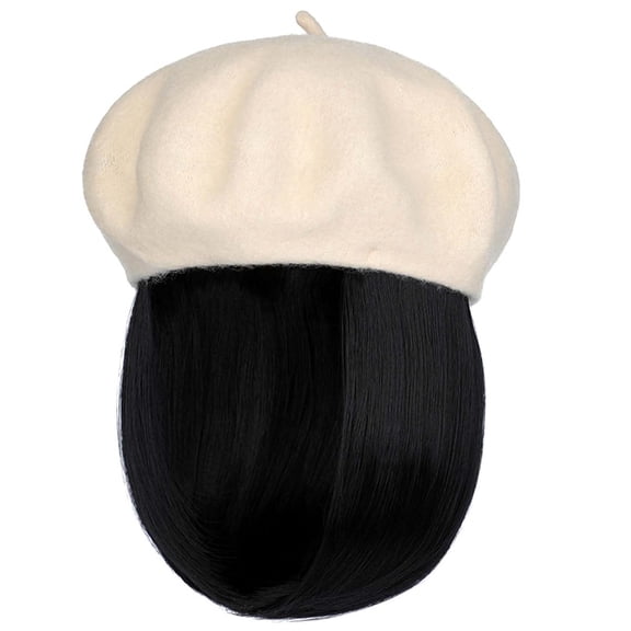 YEKEYI Wig Hat Wool Berets Extensions Stretchable Solid Cap Attached with Hair Straight Bob Synthetic Hairpiece Cap