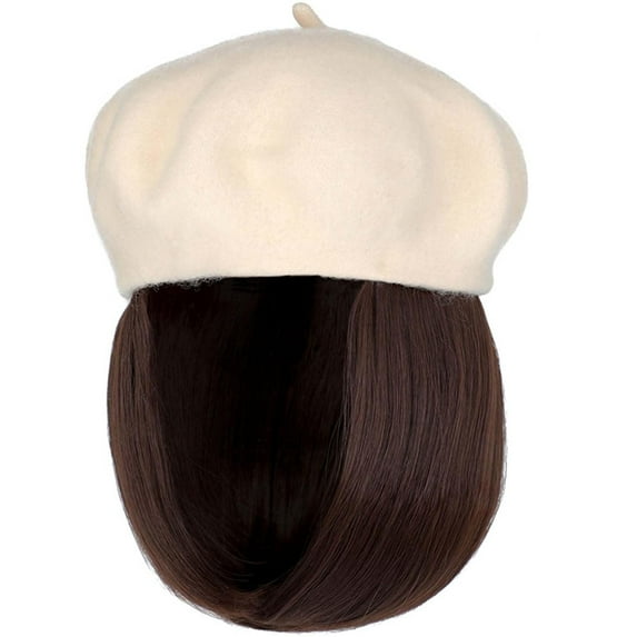 YEKEYI Wig Hat Wool Berets Extensions Stretchable Solid Cap Attached with Hair Straight Bob Synthetic Hairpiece Cap