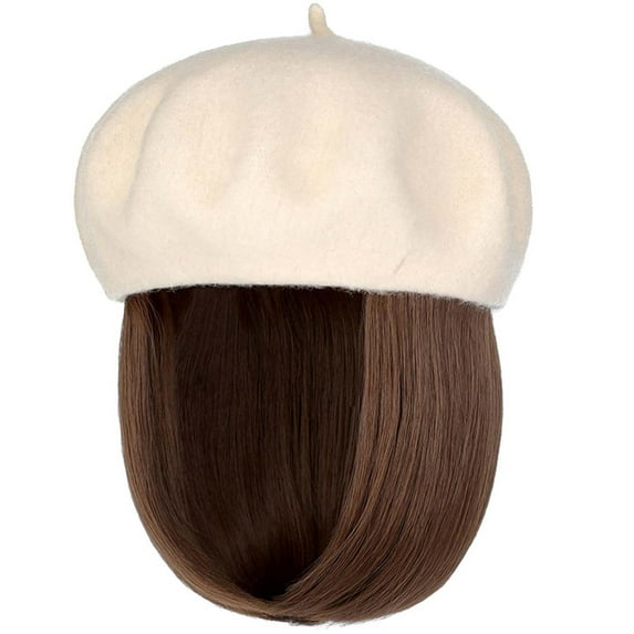 YEKEYI Wig Hat Wool Berets Extensions Stretchable Solid Cap Attached with Hair Straight Bob Synthetic Hairpiece Cap