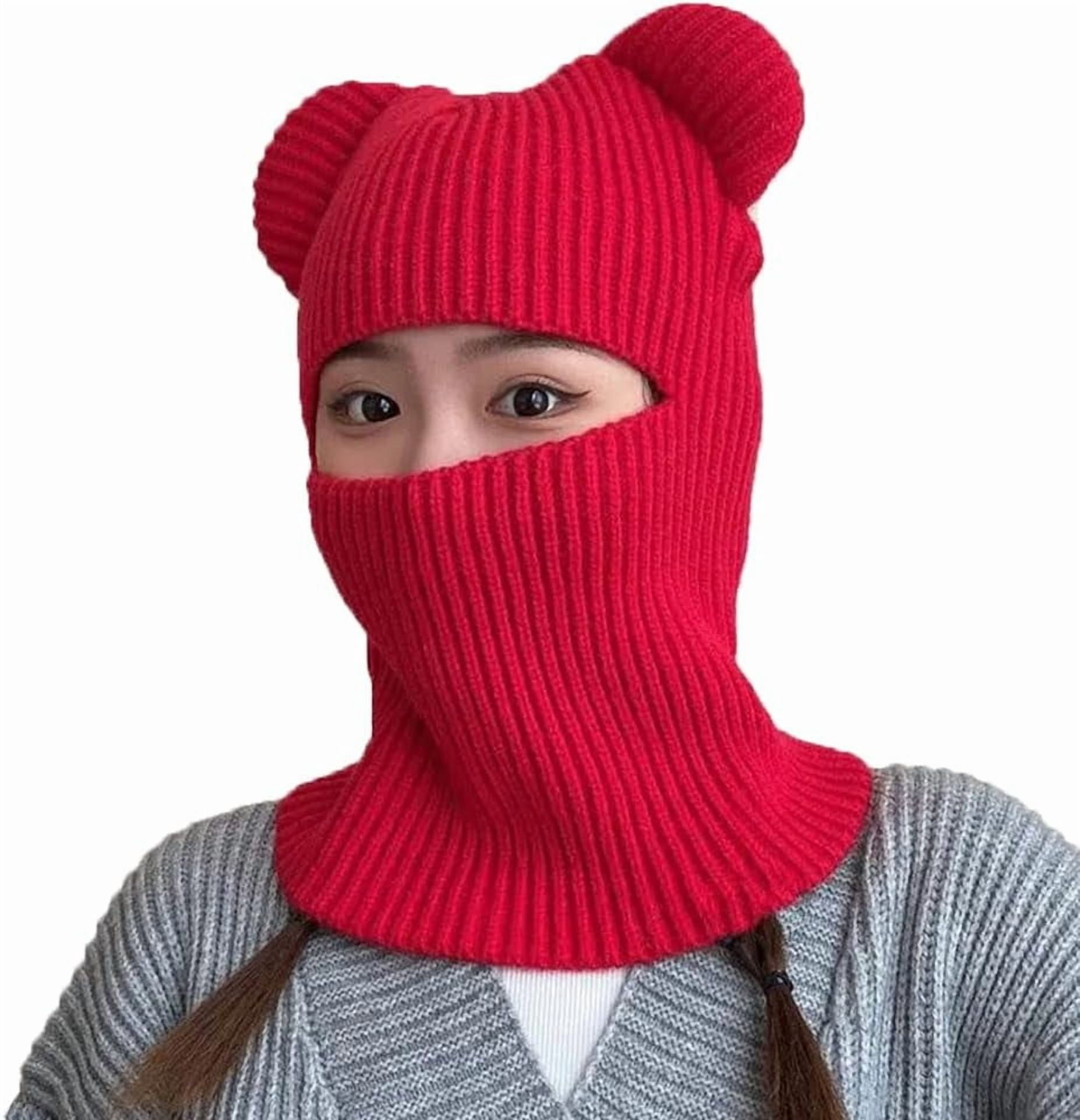 Women\'s Red Winter Hat Warm Hooded Scarf Hat Balaclava Knit Skull Beanie Wool Balaclava Women main image 3