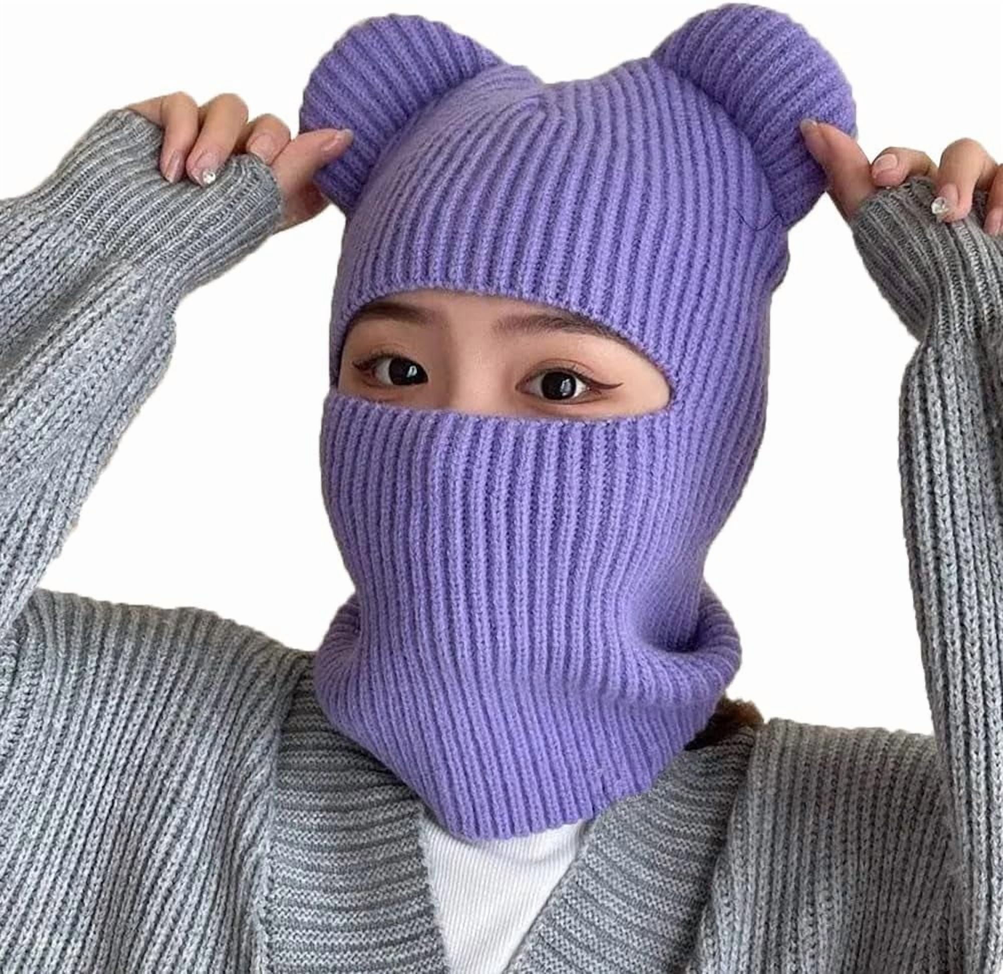 Women\'s Purple Winter Hat Warm Hooded Scarf Hat Balaclava Knit Skull Beanie Balaclava Knitted Pullover Cap Winter Warm Hooded Scarf  main image 3