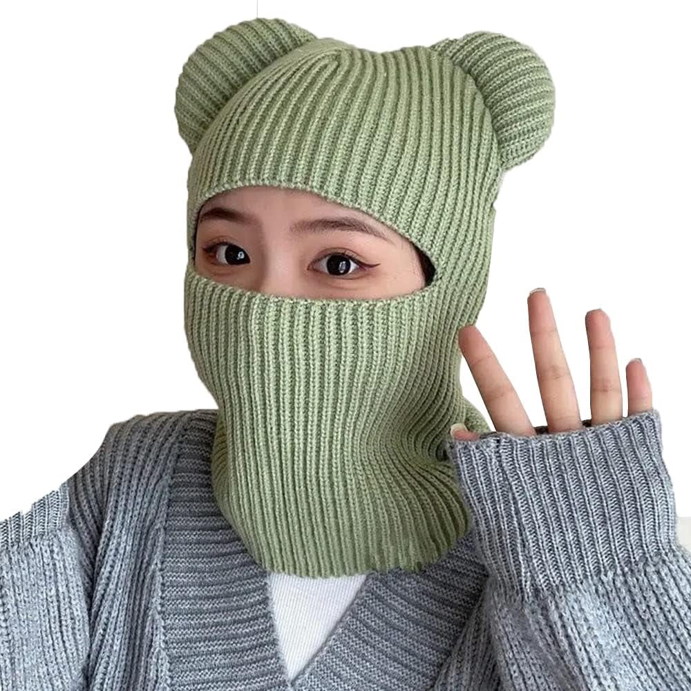 Women\'s Green Winter Hat Warm Hooded Scarf Hat Balaclava Knit Skull Beanie Winter Hats for Women, Warm Hooded Scarf Hat for Women  main image 4