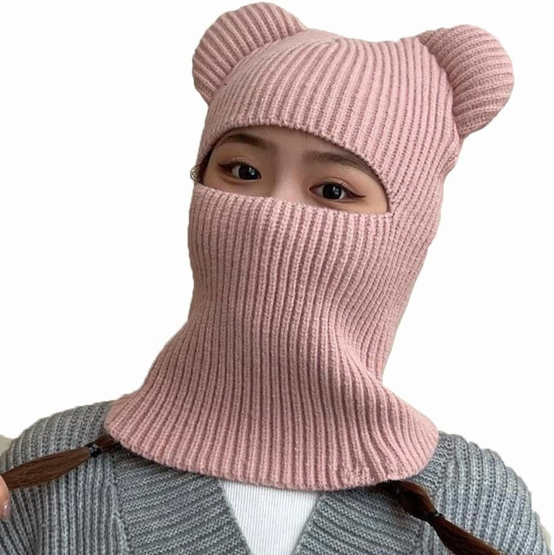 Women\'s Pink Winter Hat Warm Hooded Scarf Hat Balaclava Knit Skull Beanie Knit Winter Hats for Womens Balaclava Warm Hooded Scarf for  main image 2