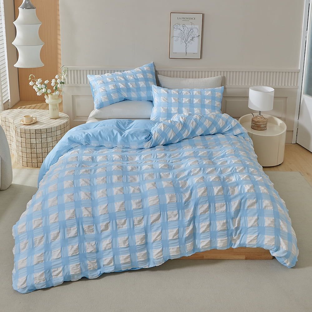 YELEE Comfort Twin Size Bedding Sets for All Seasons 2 Piece Checkered Luxurious Duvet Cover 68"x90" and 1 Blue Pillowcase