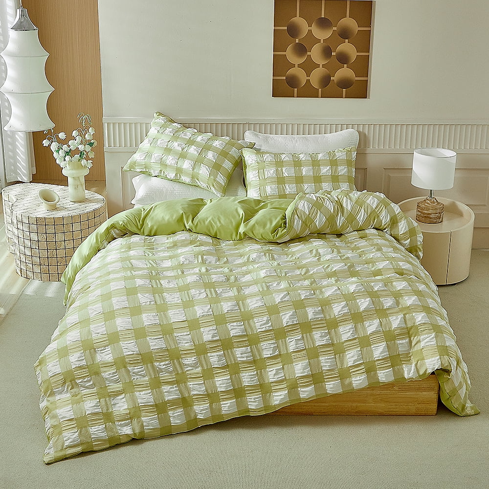 YELEE Green Plaid Duvet Cover Queen Size 3 Pieces Super Soft Breathable Pleated Bedding Sets 90"x90", 2 Cozy Pillowcases