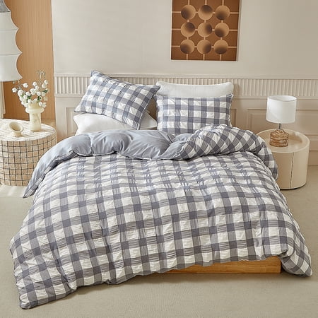 YELEE Grey Queen Size Duvet Cover Bedding Sets Plaid Breathable 3 Pcs Comforter Cover 90"x90" with 2 Comfy Pillowcases