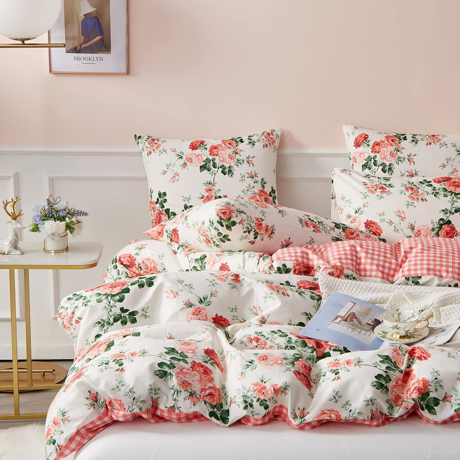 YELEE King Size Comforter Cover Bedding Set of 3 Pink Plaid Flower Printed Duvet Cover with 2 Comfy Pillowcases