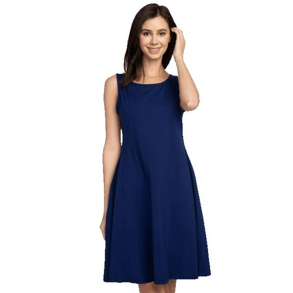 YELETE Lady's Sleeveless Comb-Cotton A-Line Dress with Pockets, Navy M