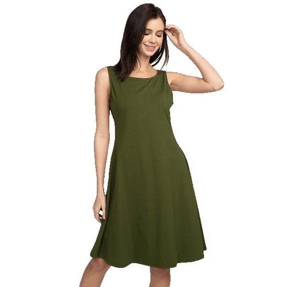 YELETE Lady's Sleeveless Comb-Cotton A-Line Dress with Pockets, Olive S