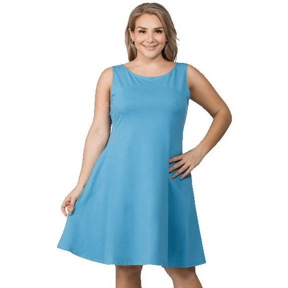 YELETE Lady's Sleeveless Comb-Cotton A-Line Dress with Pockets, Slate Blue 3XL