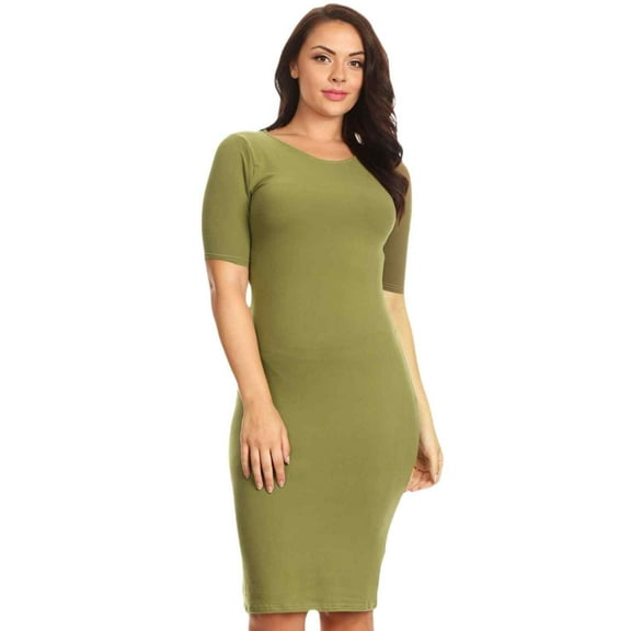 YELETE Short Sleeve Crew Neck Midi Bodycon Dress, Dark Olive, 3XL