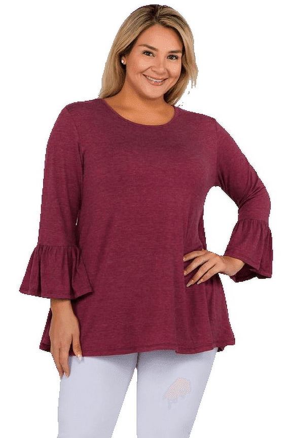 Women's 3/4 Bell Sleeve Top - Plus Size, Burgundy XL