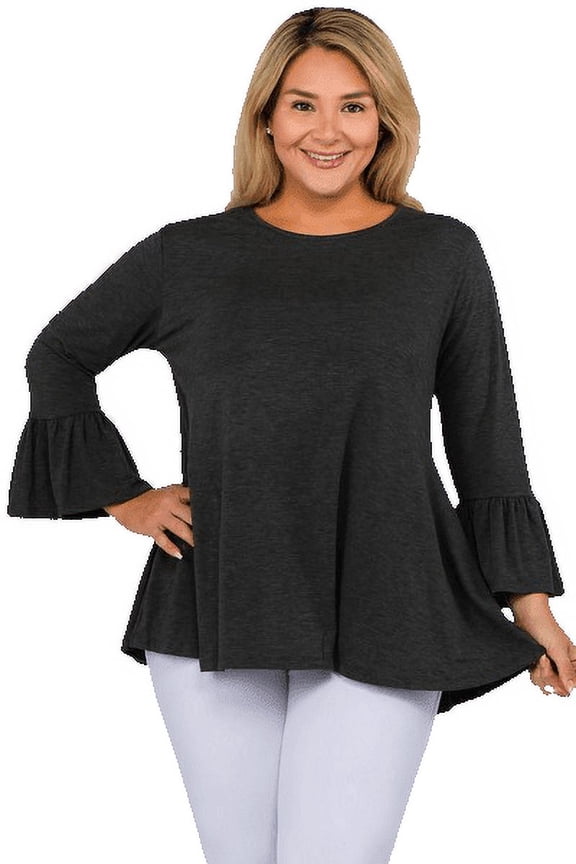 Women's 3/4 Bell Sleeve Top - Plus Size, Charcoal 3XL