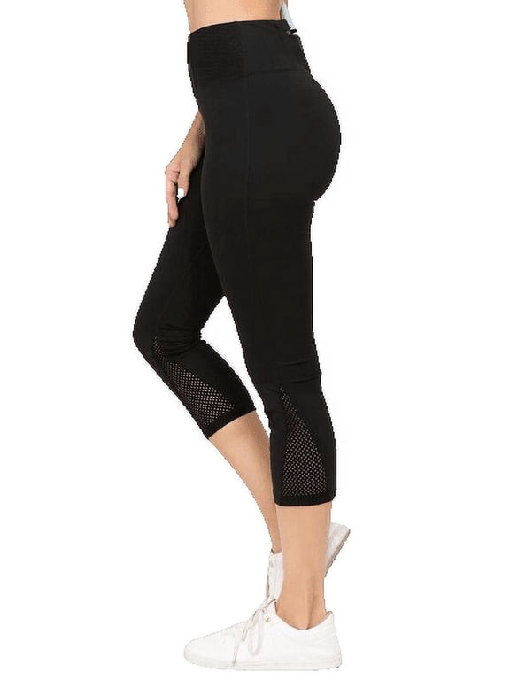 Women's Active Jersey Mesh Panel Capri Leggings with Back Zipper Pocket, Black S